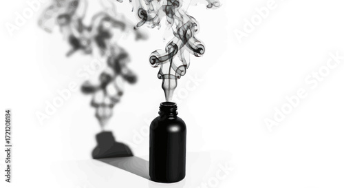 Abstract composition of black bottle with rising smoke creating intriguing shapes against a clean