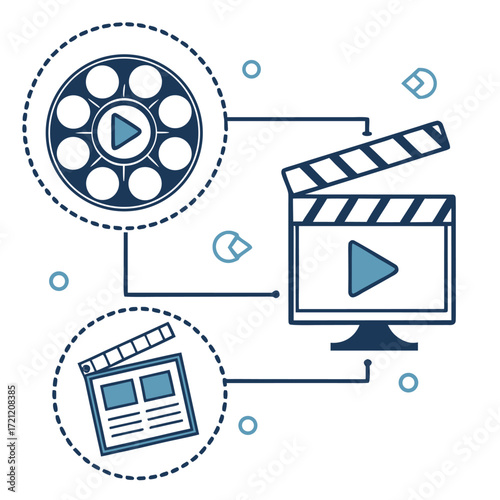 Animated film reel is connected to monitor and slate showing motion pictures online
