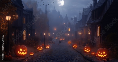 Halloween Night Scene With Glowing Pumpkins and Misty Streets Under a Full Moon