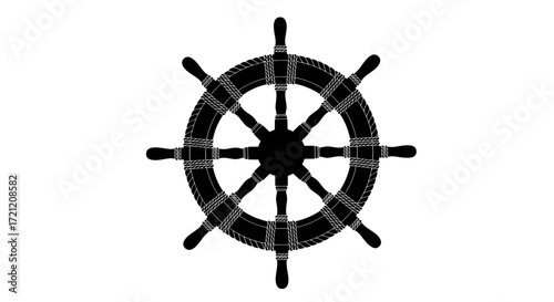 Bold black ship wheel illustration nautical symbol isolated on white backdrop