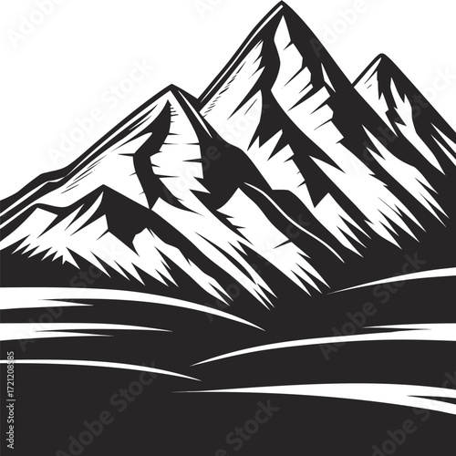 Monochrome mountains rise in jagged peaks with stylized lower landscape elements providing contrasting forms