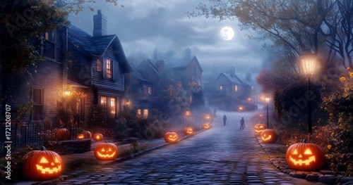 Halloween Night Scene With Glowing Pumpkins and Misty Streets Under a Full Moon.