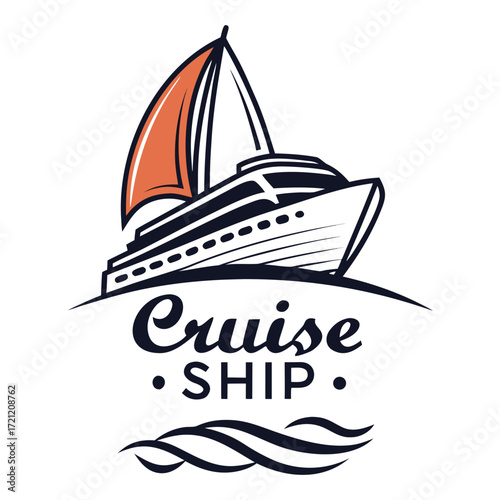Stylized cruise ship illustration showcases a sail with dynamic ocean waves in navy and orange