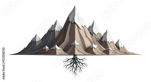 Conceptual illustration of mountain range sprouting tree roots symbolizing connection to nature