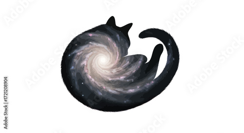 Cosmic feline contemplation celestial galaxy within a serene curled silhouette cat art