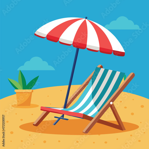 Summer day features a beach chair and umbrella under a blue cloudy sky