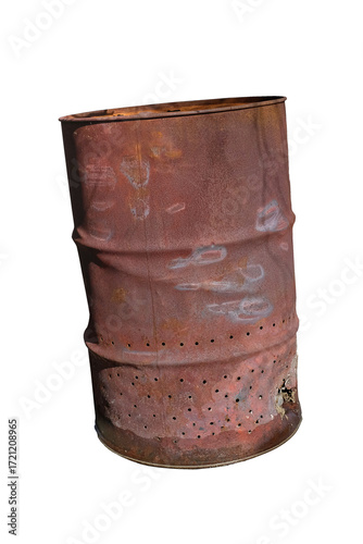 rusty, brown-red metal barrel with holes