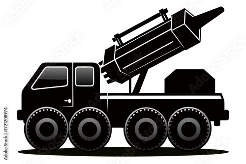 Powerful missile launcher truck ready for action, a symbol of military might and defense, ideal for illustrating security or international affairs