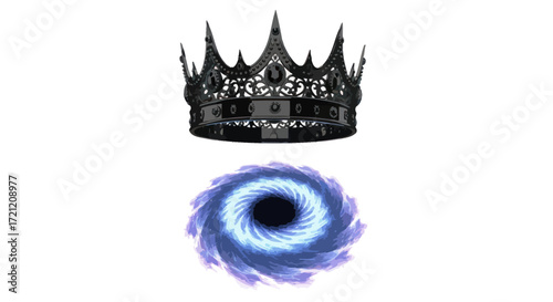 Dark fantasy concept featuring a crown hovering above an ethereal vortex on white