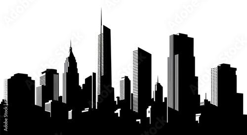 Dramatic monochrome cityscape silhouette with imposing skyscrapers against stark white background