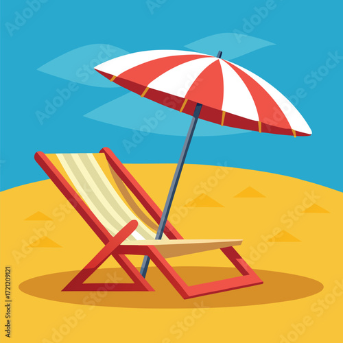 Colorful beach shows lounge chair beneath striped umbrella against blue sky in summer