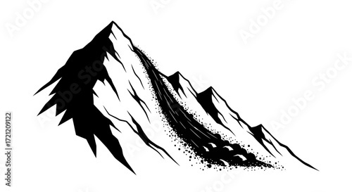 Dramatic monochrome depiction of a mountain range experiencing an avalanche event in grayscale