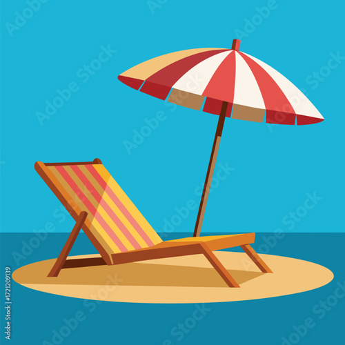 Wooden beach chair sits on a sunny shore under a striped umbrella