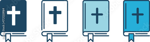 Bible icon set, religious book illustrations, cross cover design, black and blue variations, Christian symbol vector, scripture graphic collection, faith and worship elements