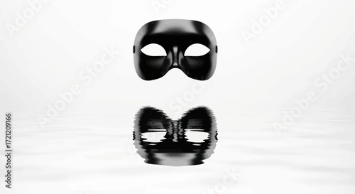 Dramatic monochrome composition featuring a sleek black mask with distorted mirrored reflection