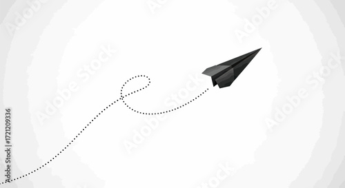 Elegant paper airplane soaring through the sky with dotted trajectory on white gradient background