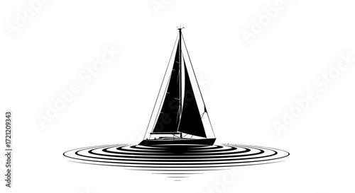 Elegant silhouette of a sailboat gliding on rippled water against a white backdrop