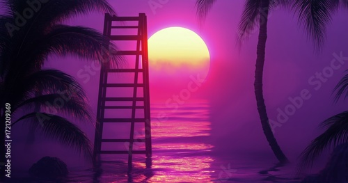 Vibrant Sunset Over a Serene Beach With Palm Trees and Calming Waves at Twili...