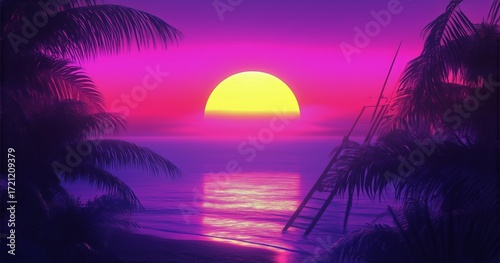 Vibrant Sunset Over a Serene Beach With Palm Trees and Calming Waves at Twilight