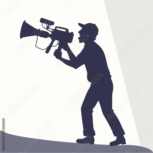 Silhouette man enthusiastically uses loudspeaker with microphone while standing, his cap on, against minimal background