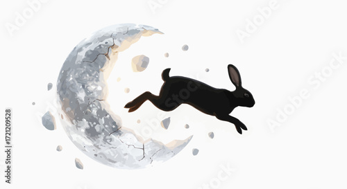 Ethereal leap: A black rabbit defies gravity against a fractured lunar backdrop