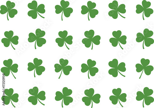 Shamrock pattern icons, green clover grid design, black and white illustration, Irish symbol vector, St. Patrick’s Day graphic, lucky leaf decorative set