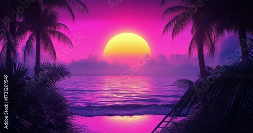 Vibrant Sunset Over a Tropical Beach With Palm Trees and Colorful Sky