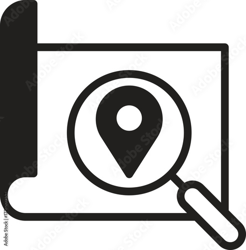 location, map, address icon Map with a magnifying glass highlighting a location.