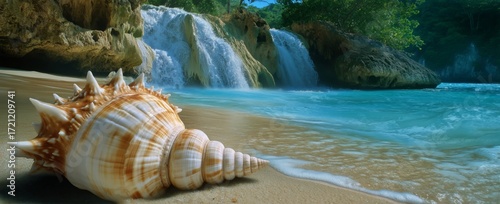 Shell Resting on Sandy Beach Near Tropical Waterfall at Sunny Daytime.
