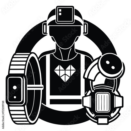 Black and white silhouette presents astronaut with helmet, smart watch, and jetpack on display