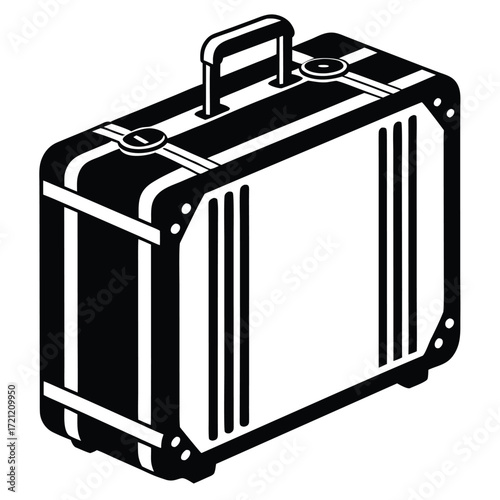 Isometric black and white vintage suitcase with handle showcases travel adventure gear