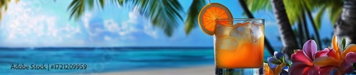 Refreshing Tropical Drink Beside Beach With Palm Trees During Sunny Day.