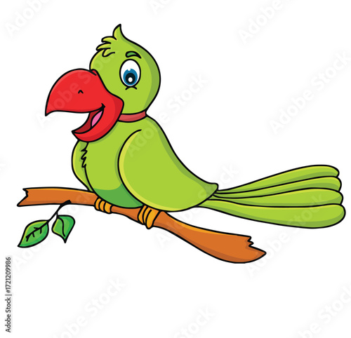 Cute cartoon hand drawn vector smiley parrot sitting on the tree branch clipart.