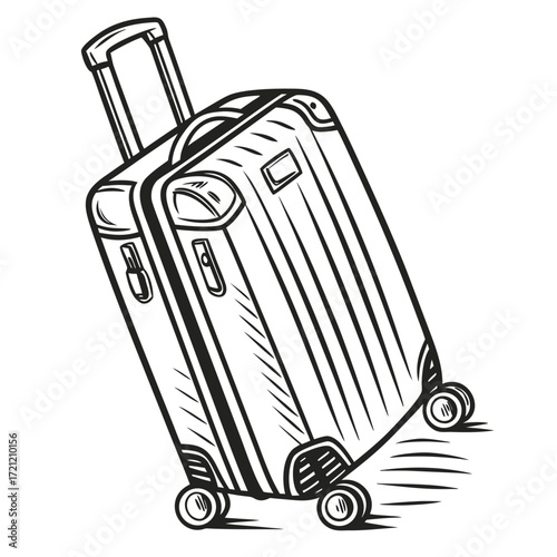 Black outline presents a wheeled suitcase standing diagonally on a white background