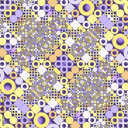 Abstract geometric pattern with multiple overlapping circles and squares. Colorful volumetric shapes create a relief texture, adding depth and complexity to the composition. 3d rendering