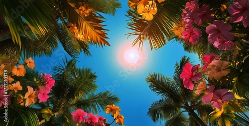 Bright Sun Shining Through Vibrant Tropical Flowers and Palm Trees on a Clear...