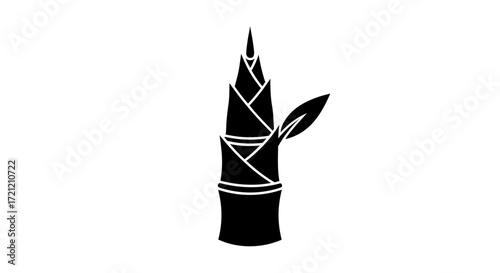 Monochrome representation of a young bamboo shoot with its protective sheaths and a delicate leaf