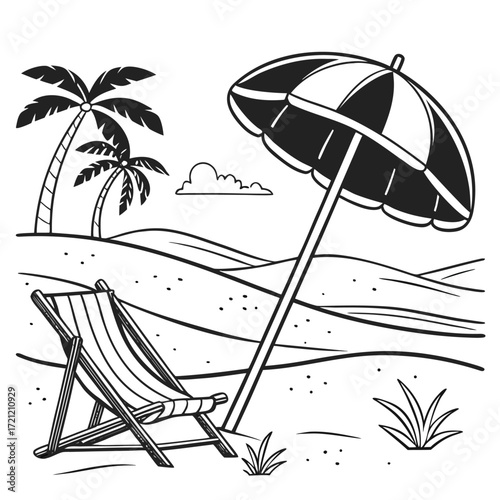Beach shows chair, umbrella, cloud, palm trees, and grass in outline