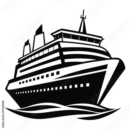 Monochrome cruise ship sails elegantly upon rippling waves in a striking, bold nautical scene