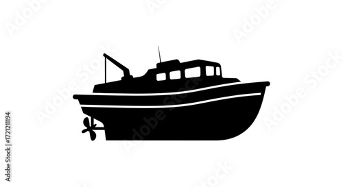Sleek black silhouette of a motorboat on a serene white background in vector format