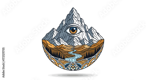 Symbolic mountain range with all-seeing eye and meandering river in ornate setting