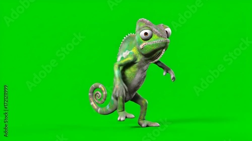 Green Chameleon Dancing On Green Screen Animation, Afternoon Cartoon Dance, Funny Animal 3d Render