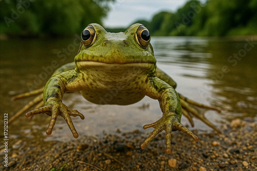 Green Frog Jumping Forward with Wide Eyes in Riverbank Environment Close-Up