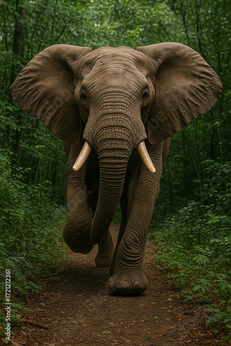 Wild Elephant Walking Strongly on Forest Path with Large Tusks and Ears