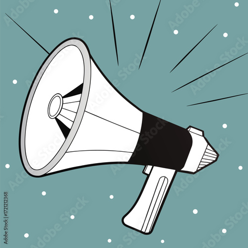 Classic megaphone emits strong broadcast waves against pastel green backdrop with scattered white dots
