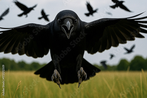 Close-Up of Black Crow Flying Aggressively Toward Camera with Open Beak and Sharp Claws