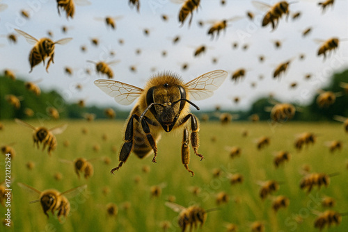 Close-Up of Honey Bee Flying Toward Camera Surrounded by Large Swarm in Grassland Field