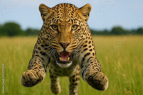 Wild Leopard Leaping Forward Aggressively in African Savanna with Open Mouth and Intense Eyes