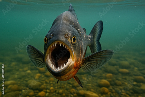 Aggressive Piranha with Sharp Teeth Swimming Underwater in Freshwater River Habitat