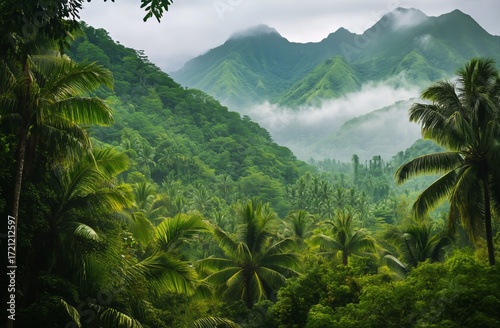 Lush Tropical Landscape With Mist and Mountains During Early Morning Hours.